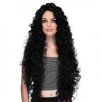 Lace front pruik zeer lang zwart krullend haar model Delilah kleur 1b