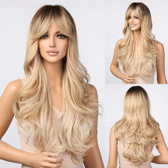 AANBIEDING : Pruik lang haar met slagen bruin blond model 5203