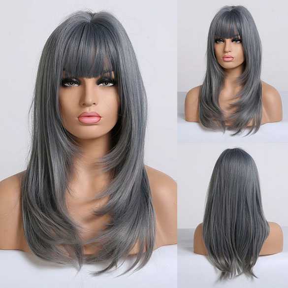 Pruik lang steil haar in laagjes model met pony