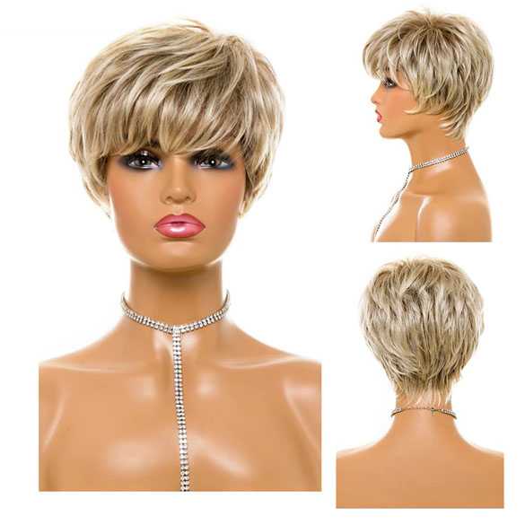 Pruik kort haar in laagjes naturel blondmix model 031