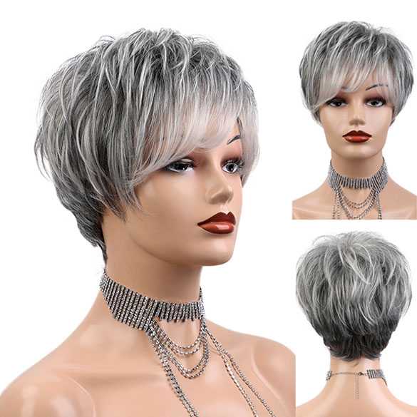 Trendy pixie pruik kort haar in laagjes donker - en witgrijs