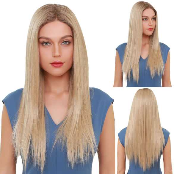 Swiss lace pruik lang steil blond haar zonder pony model Marly