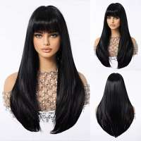 Pruik lang zwart steil haar in laagjes met pony model Onyx