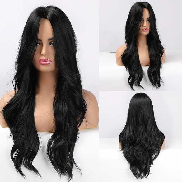 Pruik lang zwart haar zonder pony met grove losse slagen model 345