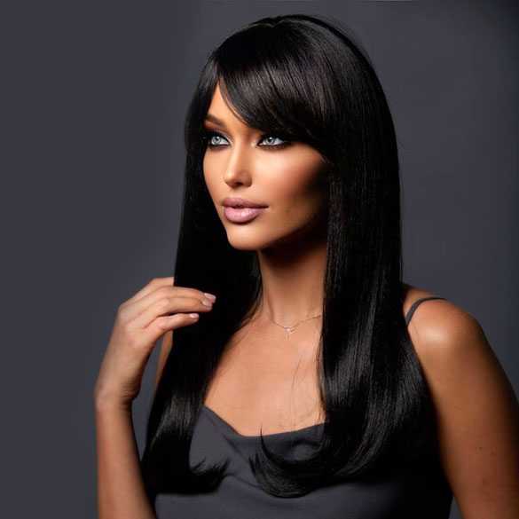 Pruik lang zwart steil haar model Kelly