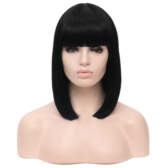 Pruik bob model kort zwart steil haar met pony
