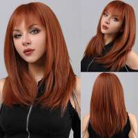 Pruik lang steil haar koper rood met pony model 1247