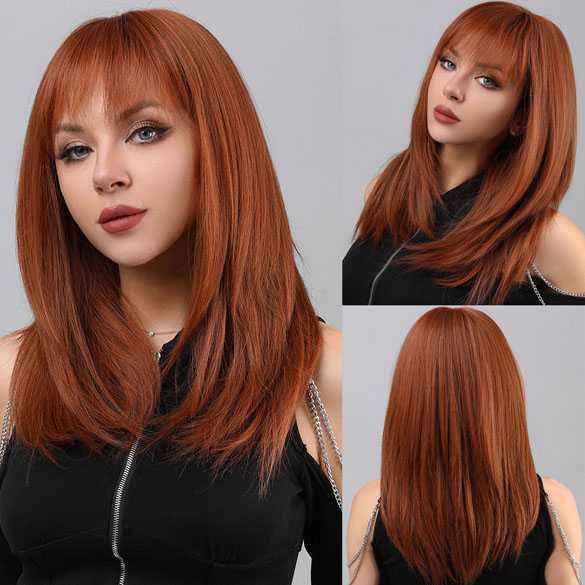 SALE Pruik lang steil haar koper rood met pony model 1247