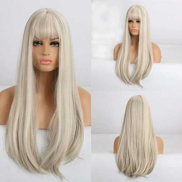 Pruik met lang witblond steil haar met pony model 169