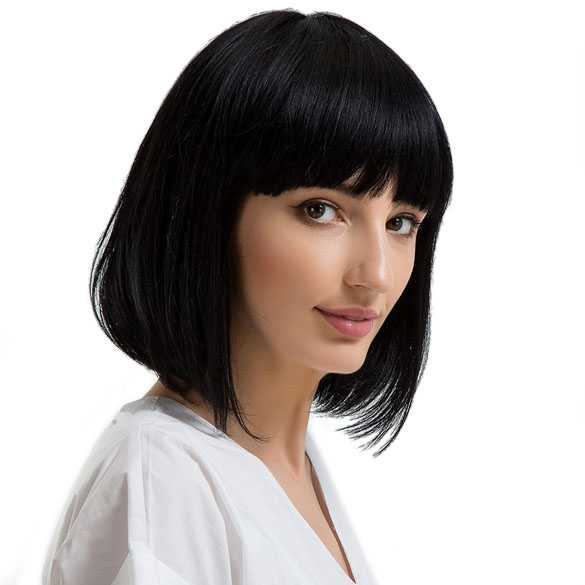 Pruik kort zwart steil haar bob model met rechte pony