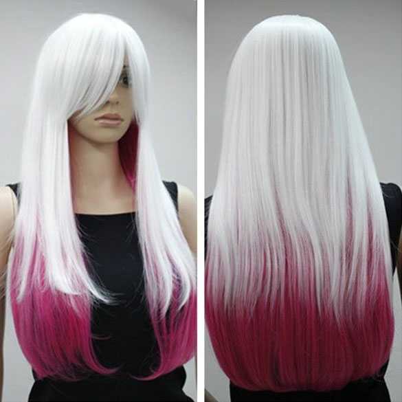 Cosplay pruik lang steil haar wit met roze