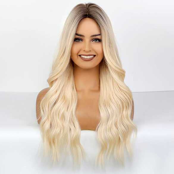 Pruik met lang witblond haar met grove losse slag model Bobbi