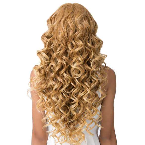 Swiss lace front pruik lang goudblond krullend haar model Keeff