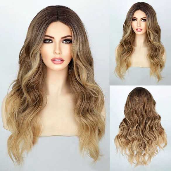 Luxe pruik lang haar balayage blondmix met slagen model Lola