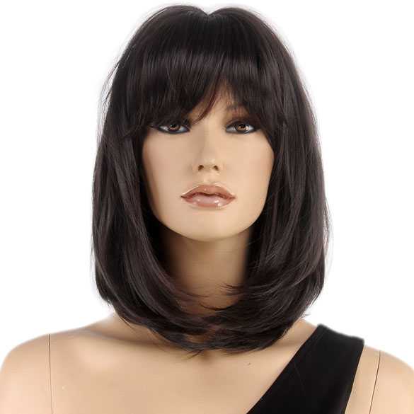 Luxe pruik donkerbruin bob model met pony