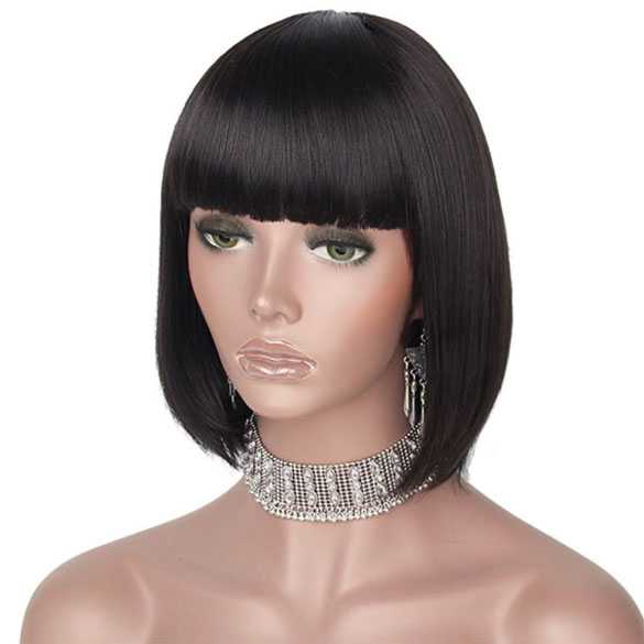 Pruik bob / page model kort zwart steil haar met rechte pony
