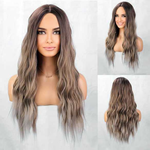 Pruik zilver bruin-blond mix lang haar met donkere roots
