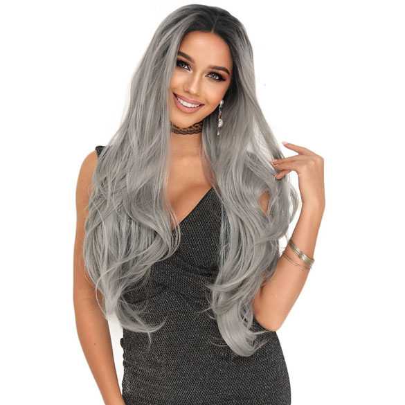 Luxe swiss lace pruik lang grijs haar zonder pony model Kaila