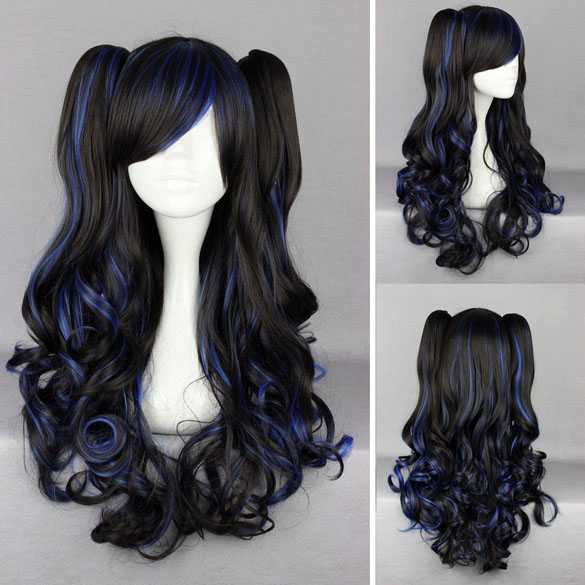 Luxe Halloween pruik zwart blauw lang haar + 2 staarten op klem