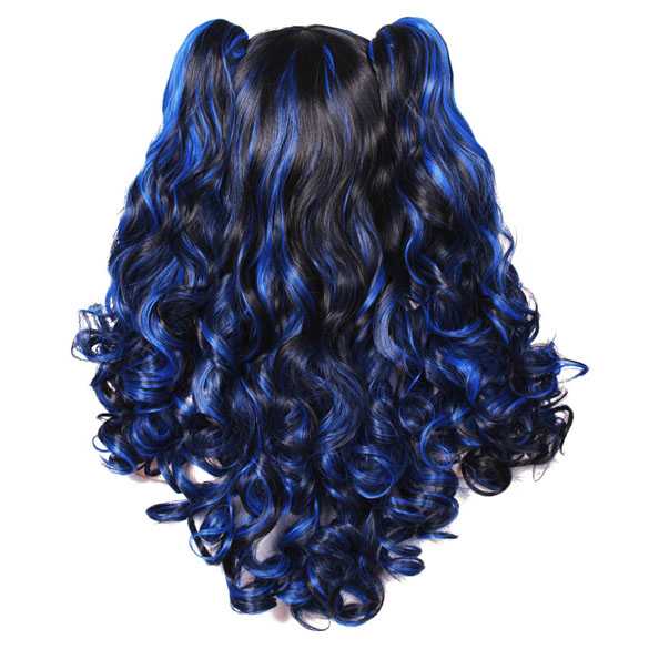 Duo-color pruik zwart blauw met twee staarten op klem