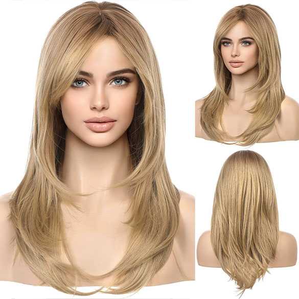 Pruik lang steil blond haar in laagjes met donkere roots model Odessa
