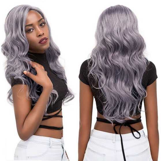 Lace pruik lang haar met grove slagen in lavendel grijs