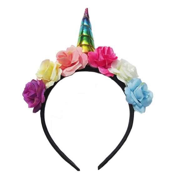 Carnaval Unicorn diadeem hoorntje rainbow met bloemen