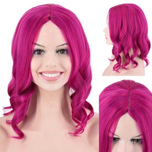 Pruik bob model met krullen in magenta roze