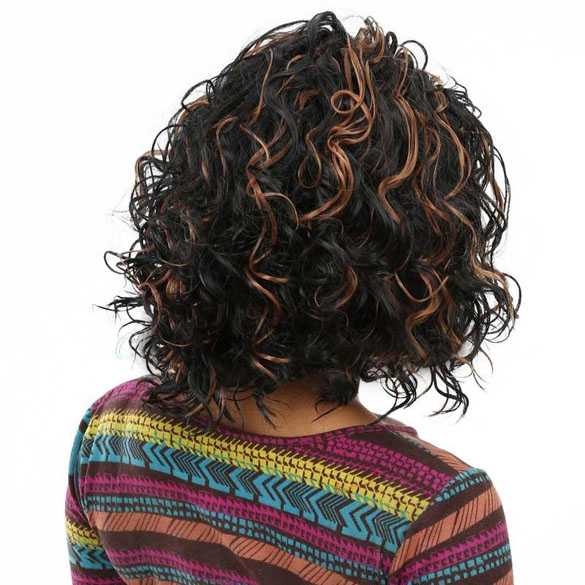 Pruik zwart met afro krullen en highlights