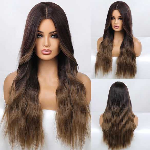 Pruik lang golvend haar in bruinmix zonder pony model 179