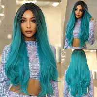 Turquoise pruik lang haar met grove slagen model 1043