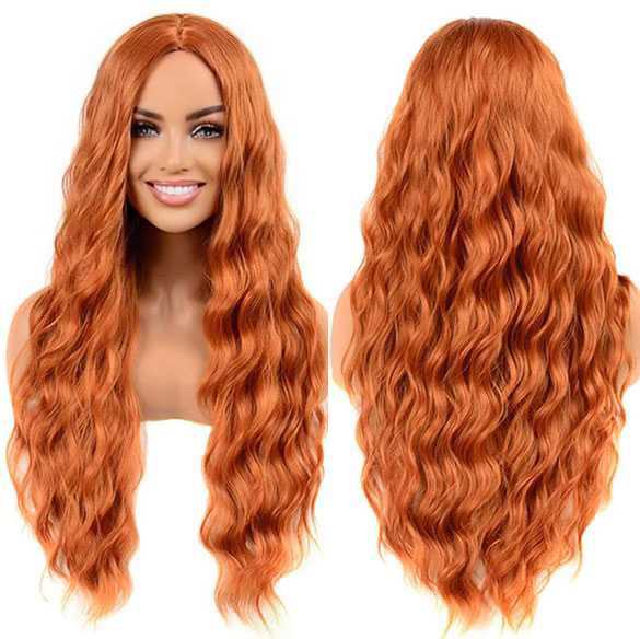 Pruik lang haar met golfjes in pompoen oranje model zonder pony