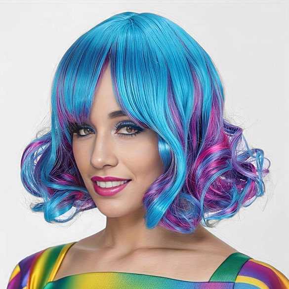 Carnaval pruik kort krulletjes helder blauw fel roze