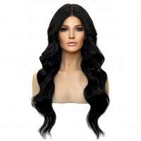 Swiss lace front pruik lang zwart haar met slagen Samone