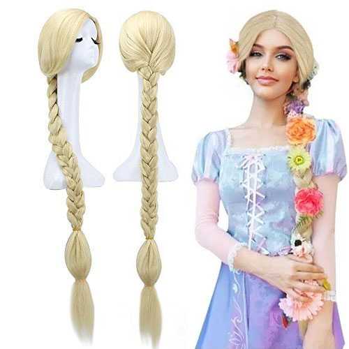 Elsa / Rapunzel lange blonde pruik met vlecht + 6 bloemen