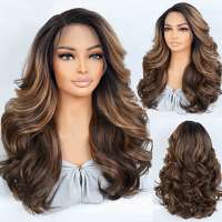 Swiss lace front pruik lang haar met slagen caramel bruinmix