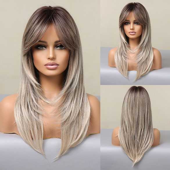 Pruik lang steil haar in laagjes met donkere roots model 051