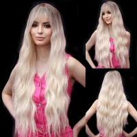 Pruik blond superlang golvend haar met pony model 1012