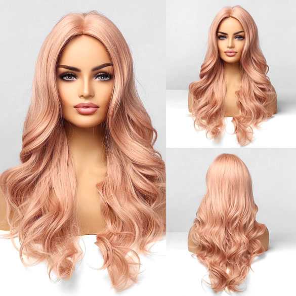 Pruik lang haar met krullen in pastel perzik model 003