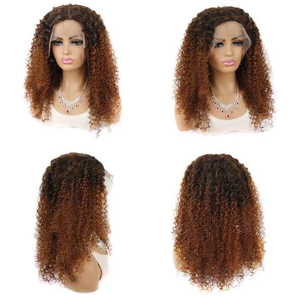 Pruik honing roodbruin haar met lace rand met krullen zonder pony
