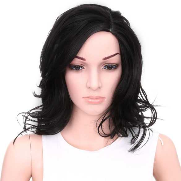 Pruik zwart haar in nonchalante laagjes schouderlengte