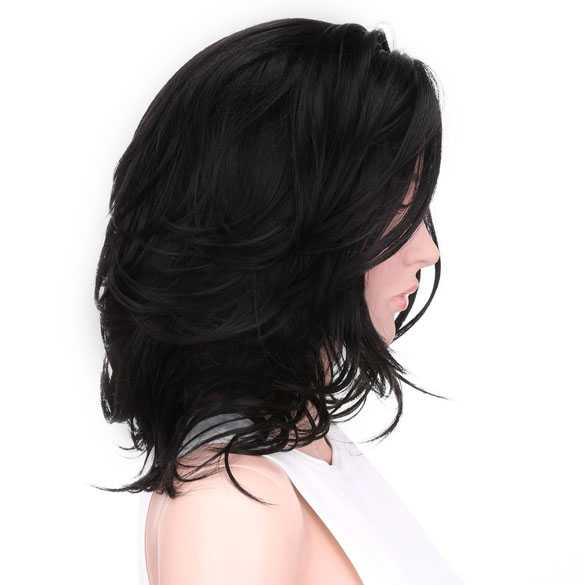 Pruik zwart haar in nonchalante laagjes schouderlengte