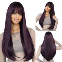 Luxe pruik lang steil haar donkerpaars met pony