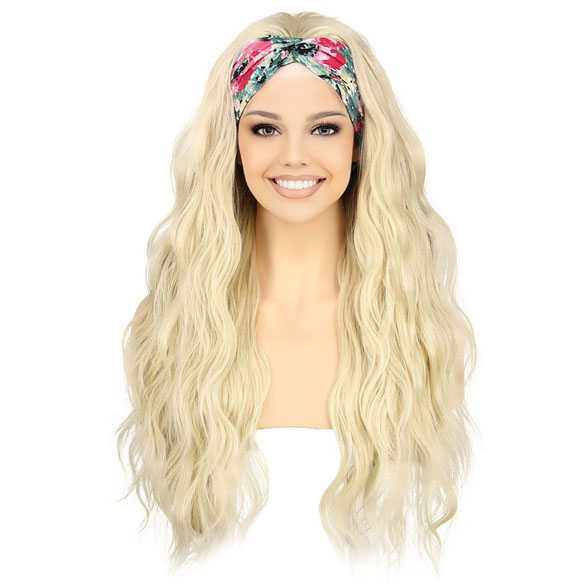 Pruik lang lichtblond haar met slagen + tropische print haarband