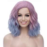 Pruik schouderlang haar met golfjes blauw roze
