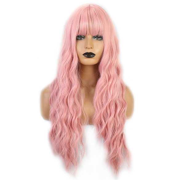 Pruik lang roze golvend haar met pony