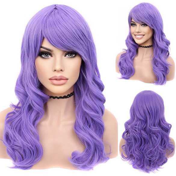 Luxe carnaval pruik lang haar met krullen Violet Purple