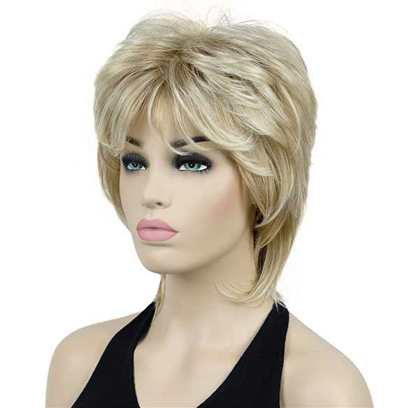 Moderne pruik schouderlang haar in laagjes lichtblond kleur 15BT613