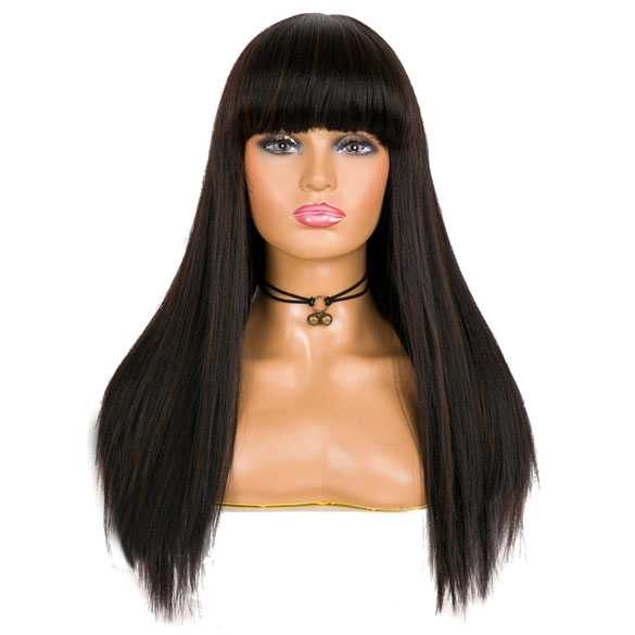 Pruik lang steil haar met rechte pony model 652