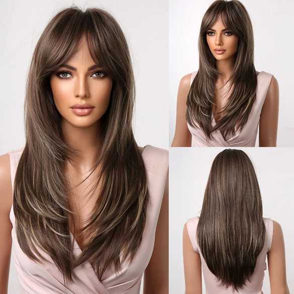 Pruik lang steil haar in laagjes bruinmix model 259-9